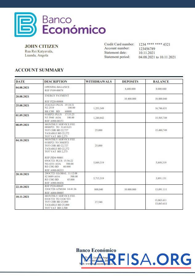 Blank Angola Banco Ecenomico bank statement template